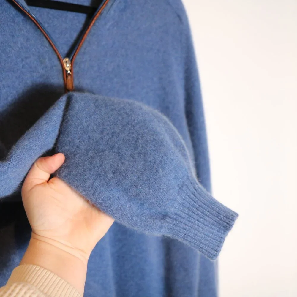 Brunello Cucinelli 100% Cashmere Quarter Zip Sweater 54 Large Blue Leather Trim
